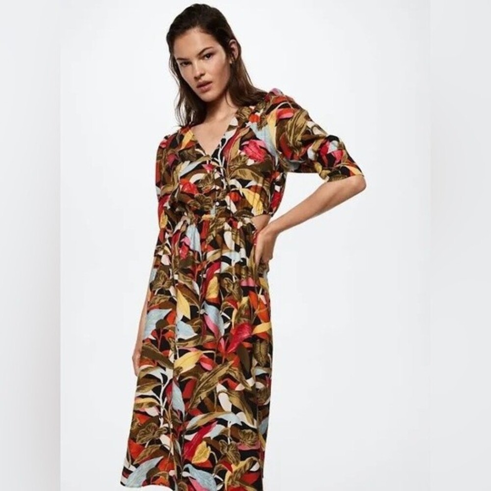 Mango Printed Cut-Out Detail Dress Black Multi 6 NWOT